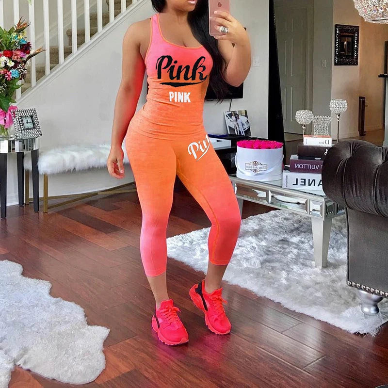 "Pink" Ombre Letter Print Tank Top + Leggings 2-Piece Fitness Set to 3X