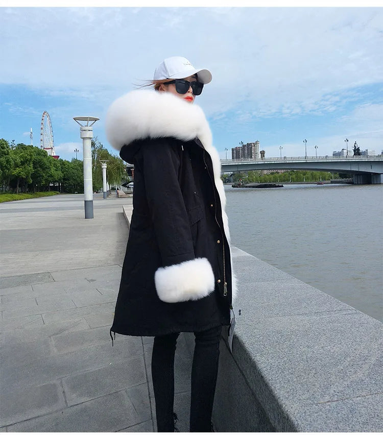 Colorblock Real Fur Oversized Collar Hip-Hop Design Women's Hooded Full Pelt Trenchcoat