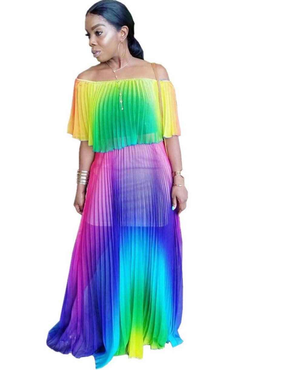 Gradient Pleated African Beach Dress