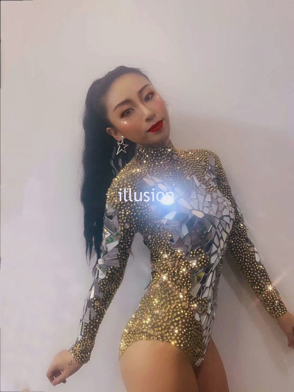 Sparkling Metallic Geometric Rhinestone Mirror Performance Bodysuit Costume