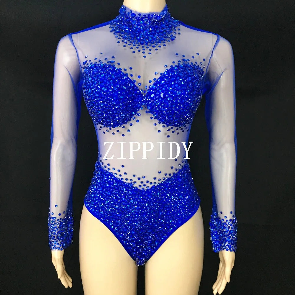 Embellished Rhinestone Mesh Transparent Bustier Bodysuit