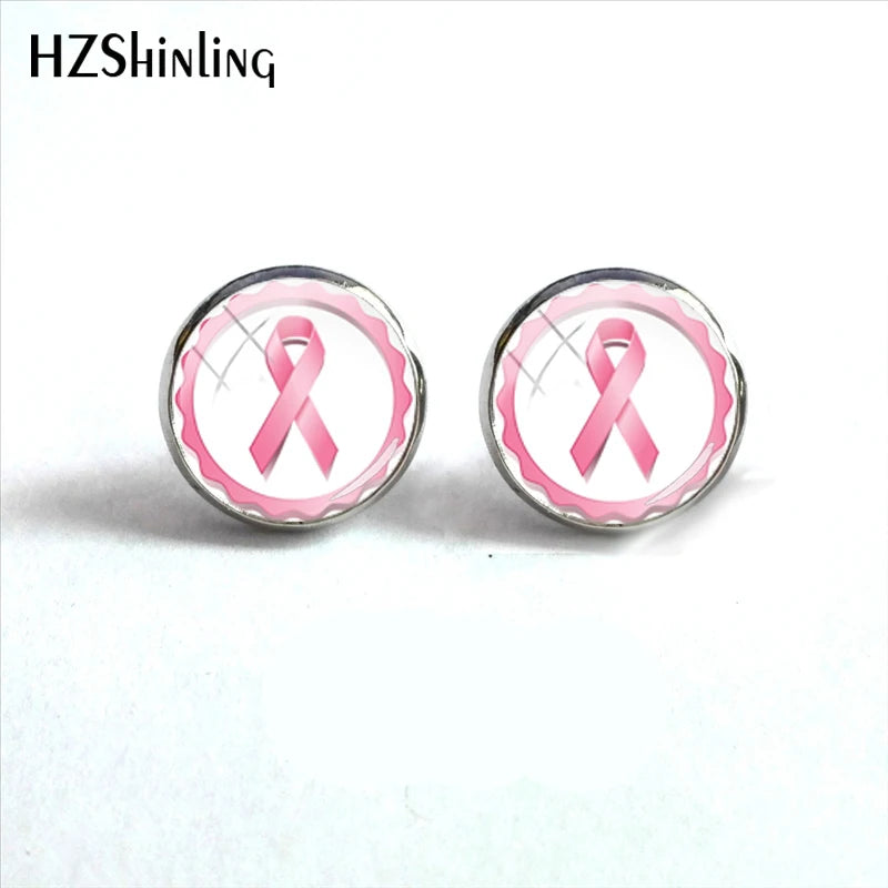 Glass Ribbon Dome Gem Women Earrings Laser Cut Remembrance Breast Cancer Awareness Earrings