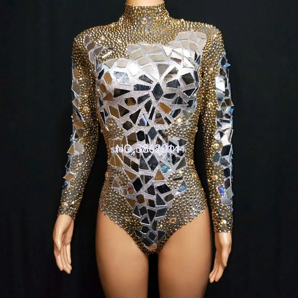 Sparkling Metallic Geometric Rhinestone Mirror Performance Bodysuit Costume