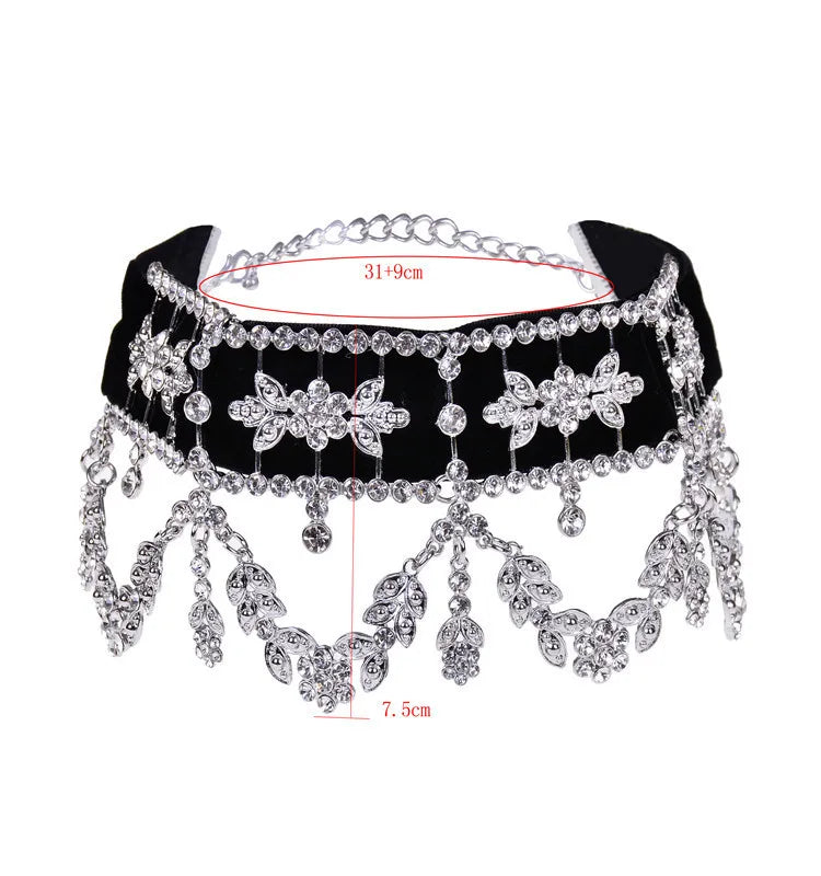 Rhinestone Crystal Black/Silver Flower Ribbon Collar Link Chain Choker Necklace