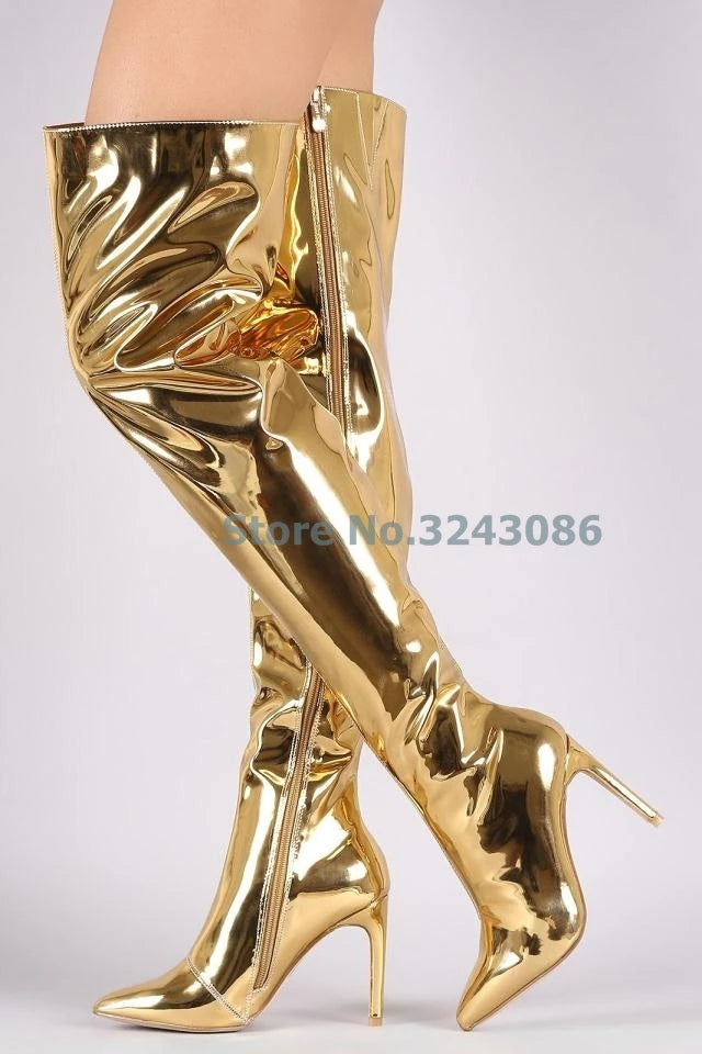 Metallic Luster Designer Solid Pointed Toe Thin High Heel Over-the-Knee Boots