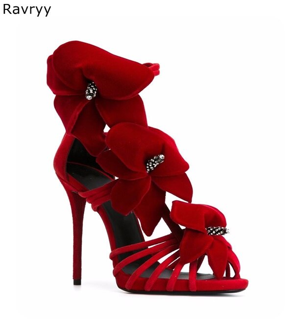 Red Flower Crystal Thin Heel Sandals