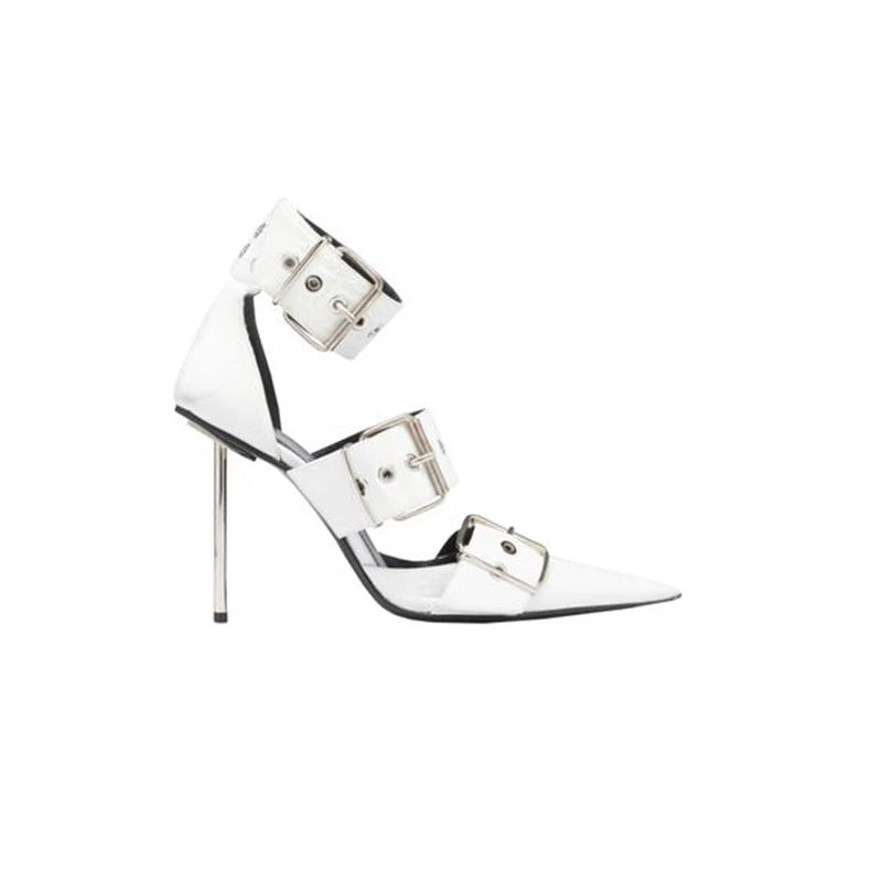 Buckle Embellished Thin Heel Pointed Toe Cut-Out Genuine Leather Sandal Pumps