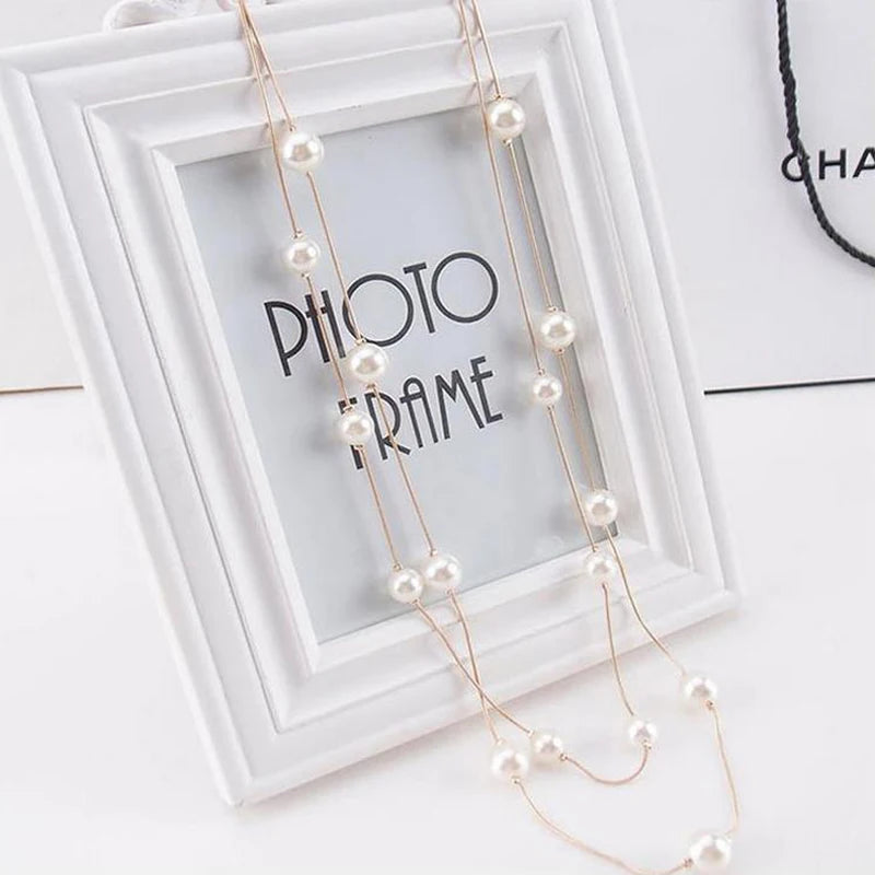 Long Double Layer Simulated Pearl Women's Gold Chain Necklace