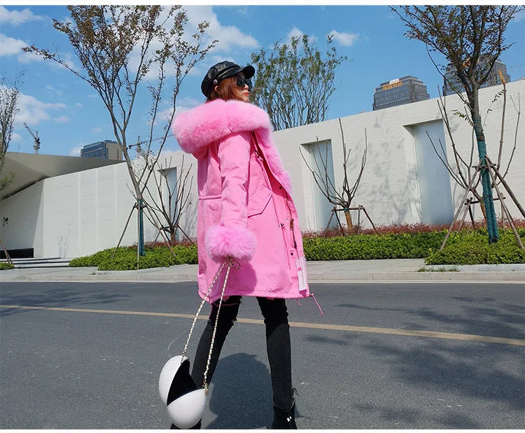 Colorblock Real Fur Oversized Collar Hip-Hop Design Women's Hooded Full Pelt Trenchcoat
