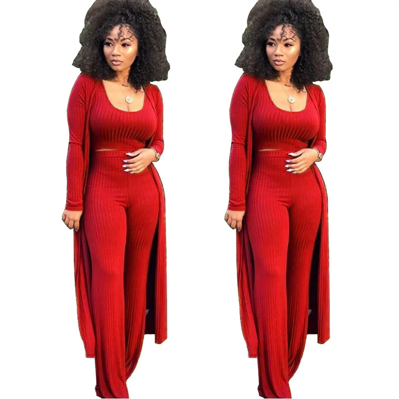 Women's Solid Knitted Long Sleeve Maxi Cardigan, Loose Wide Leg Pants + Crop Top 3-Piece Set