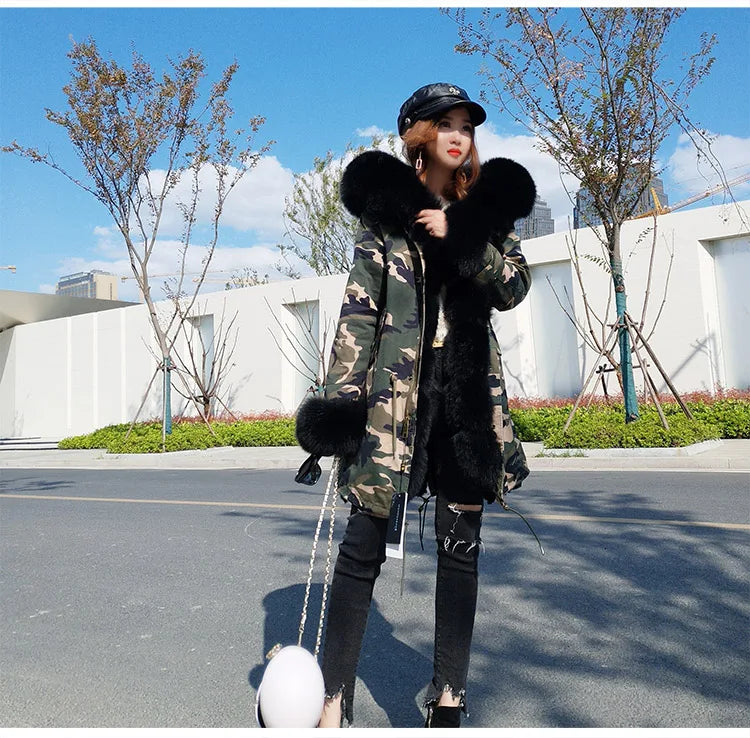 Colorblock Real Fur Oversized Collar Hip-Hop Design Women's Hooded Full Pelt Trenchcoat