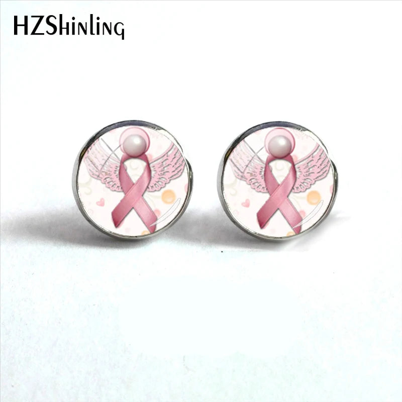 Glass Ribbon Dome Gem Women Earrings Laser Cut Remembrance Breast Cancer Awareness Earrings