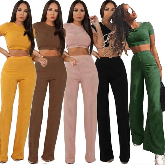 Knitted Short Sleeve O-Neck Crop Top + Wide Leg Pants 2-Piece Set