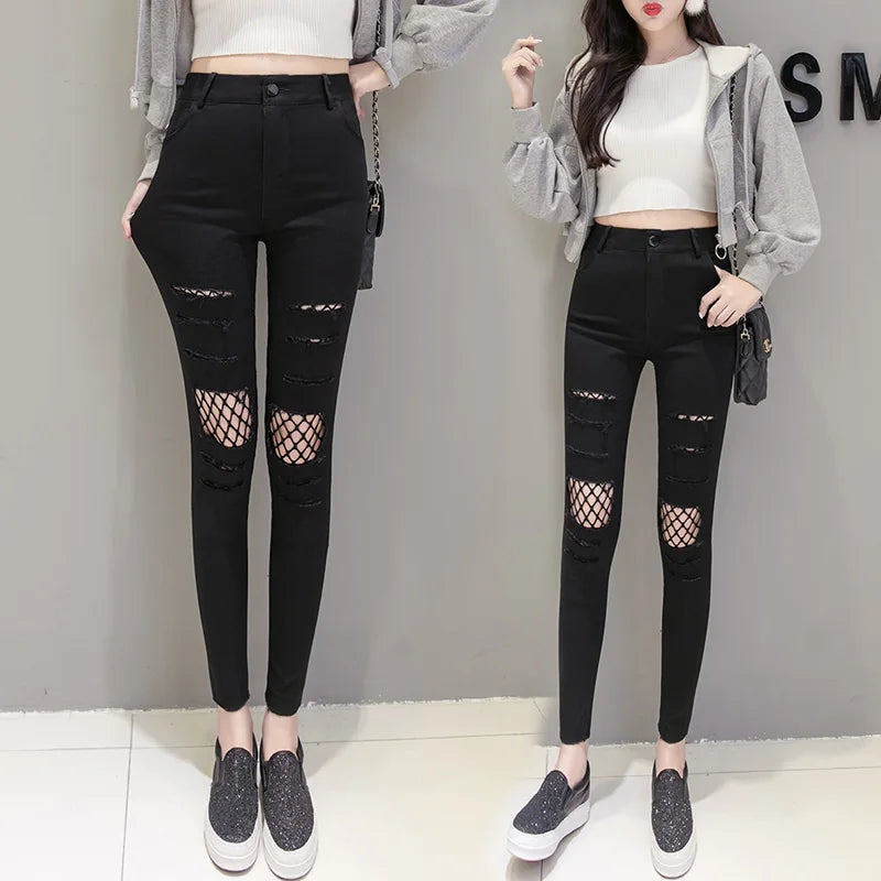 Fishnet Black Hollow-Out Ripped Hole Cut-Out Women's Jeans