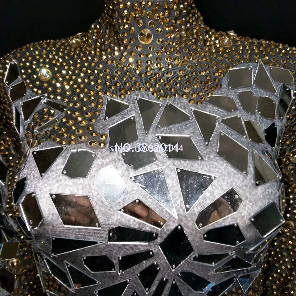 Sparkling Metallic Geometric Rhinestone Mirror Performance Bodysuit Costume