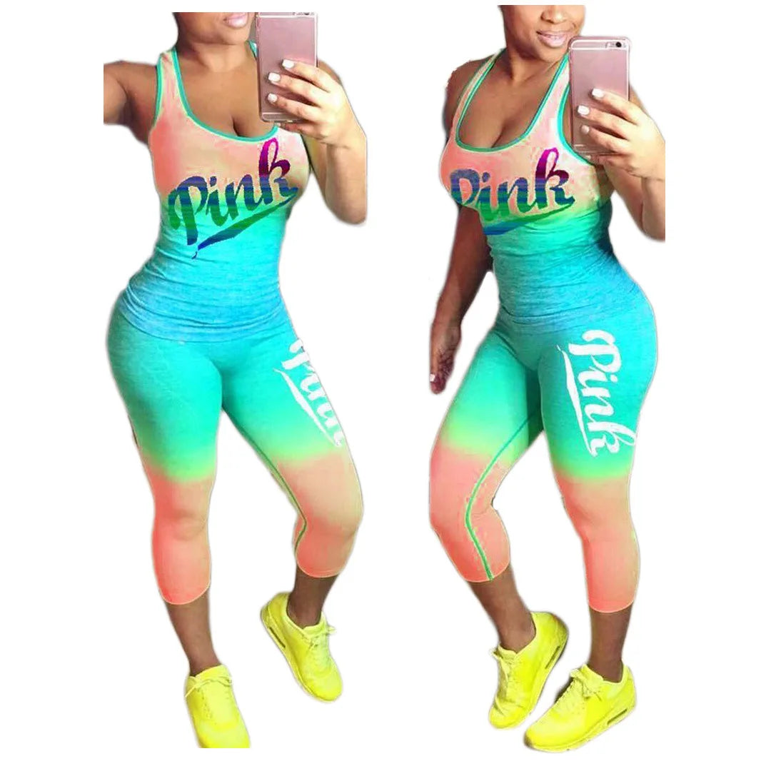 "Pink" Ombre Letter Print Tank Top + Leggings 2-Piece Fitness Set to 3X