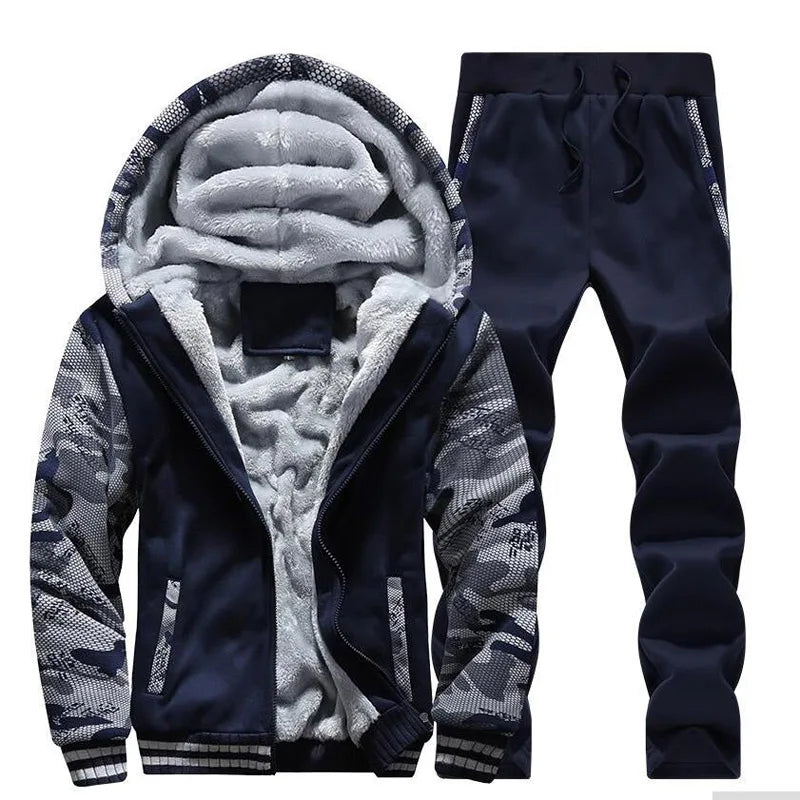 Hooded Velvet Camouflage or Solid Men's Drawstring Tracksuit