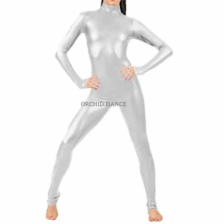 Turtleneck Faux Leather Long Sleeve Zipper Back Bodycon Skin Tight Unitard Jumpsuit-12 Colors!