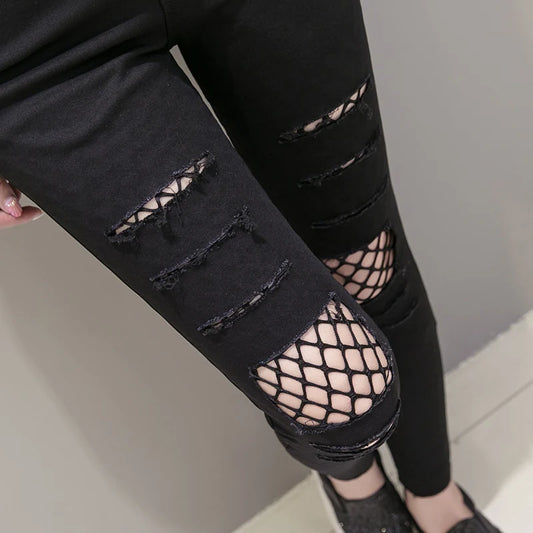 Fishnet Black Hollow-Out Ripped Hole Cut-Out Women's Jeans