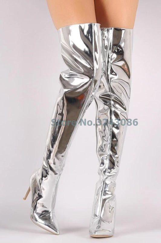 Metallic Luster Designer Solid Pointed Toe Thin High Heel Over-the-Knee Boots