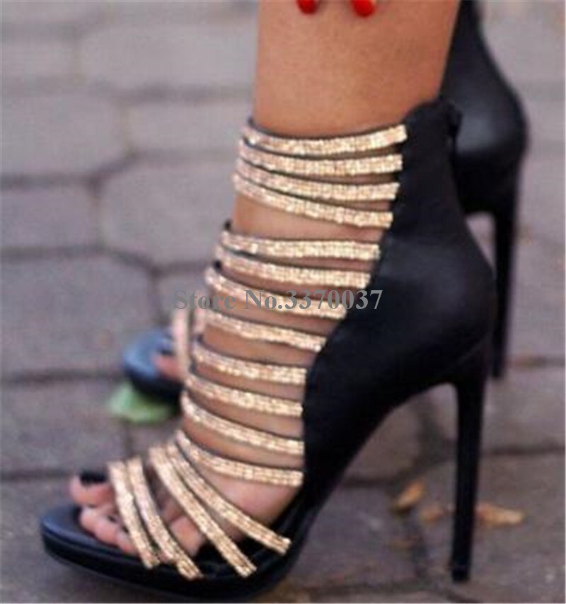 Open Toe Rhinestone Straps Gladiator Back Zipper Stiletto Heel Sandals