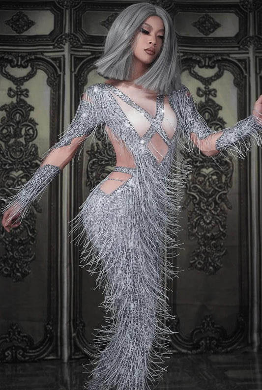 Silver Glitter Crystal Rhinestone Fringe Skinny Stage Wear Performance Costume Jumpsuit