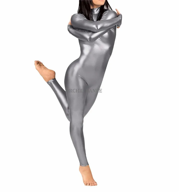 Turtleneck Faux Leather Long Sleeve Zipper Back Bodycon Skin Tight Unitard Jumpsuit-12 Colors!