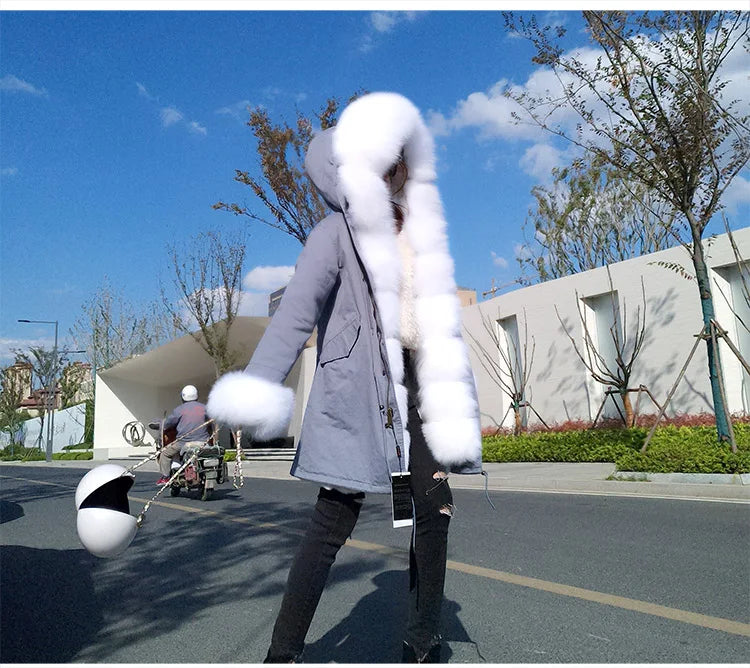 Colorblock Real Fur Oversized Collar Hip-Hop Design Women's Hooded Full Pelt Trenchcoat
