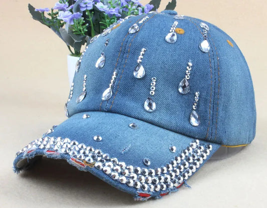 Denim Hip Hop Water Drop Rhinestone Ladies Vintage Jean Baseball Cap