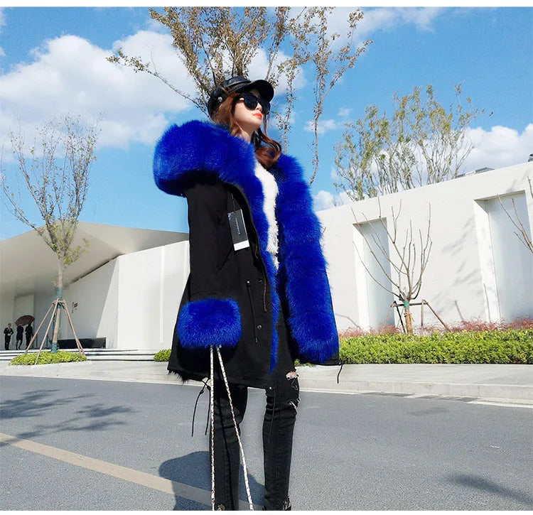 Colorblock Real Fur Oversized Collar Hip-Hop Design Women's Hooded Full Pelt Trenchcoat