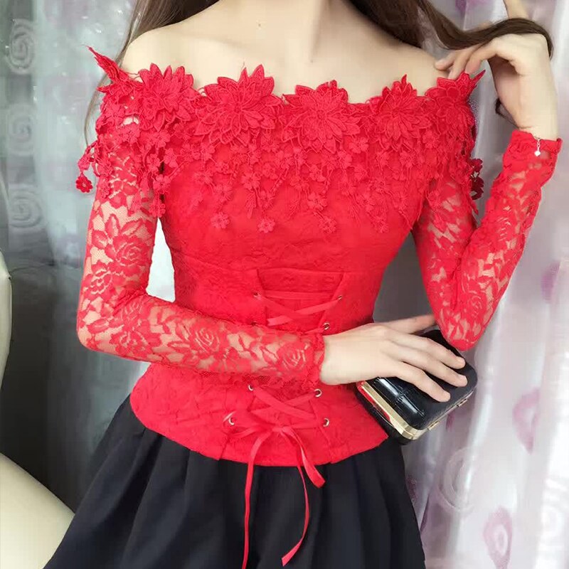 Slash Neck Lace Off Shoulder Blouse