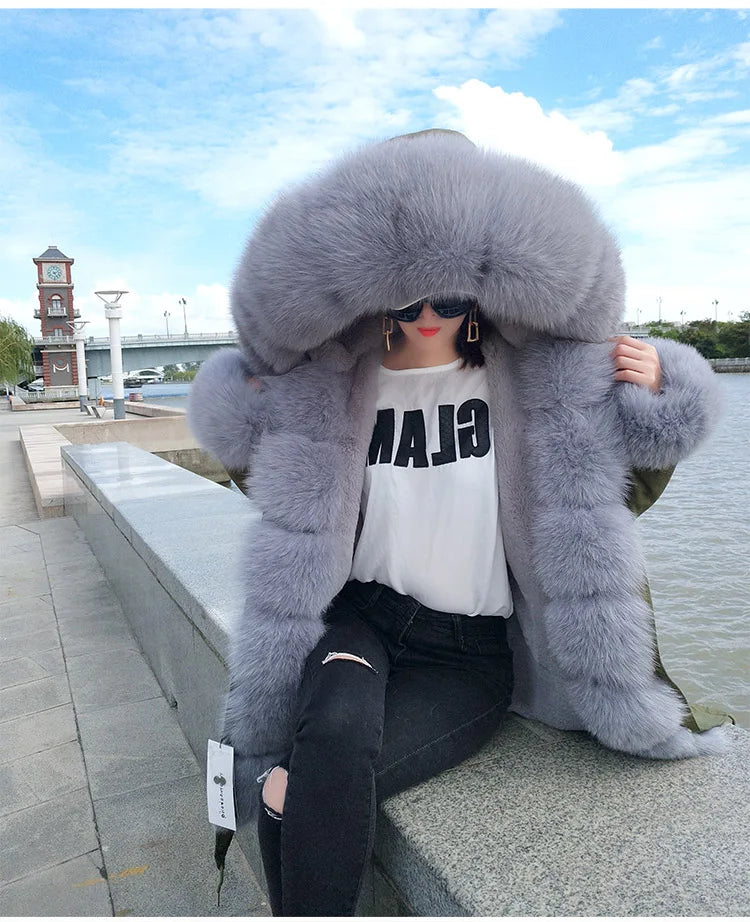 Colorblock Real Fur Oversized Collar Hip-Hop Design Women's Hooded Full Pelt Trenchcoat