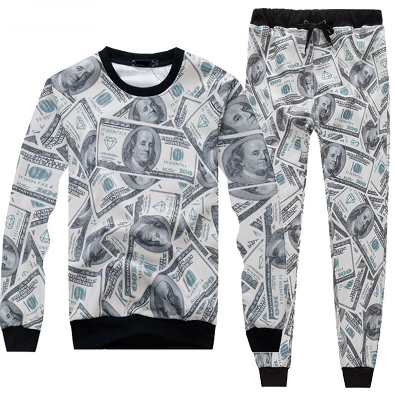 Men's Money 3D Printed O-Neck Sweatshirt + Jogger Sweatpants Tracksuit