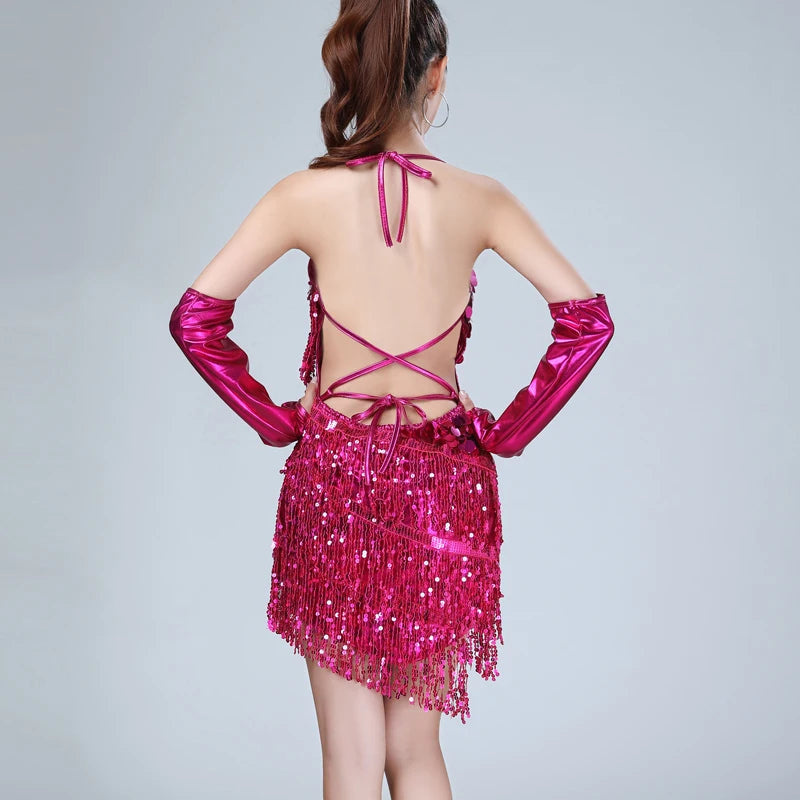 Shiny Sequin Fringe Tassel V-Neck Backless Lace-Up Formal Mini Dancer/Party/Salsa Dress w/ Gloves