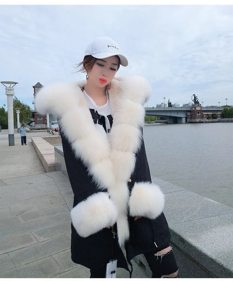 Colorblock Real Fur Oversized Collar Hip-Hop Design Women's Hooded Full Pelt Trenchcoat