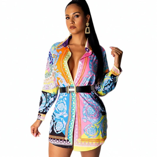 Paisley Vintage Print Turn-Down Long Sleeve Mini Shirt Dress