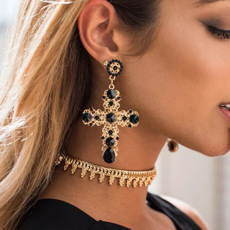 Vintage Crystal Cross Baroque Bohemian Oversized Drop Earrings