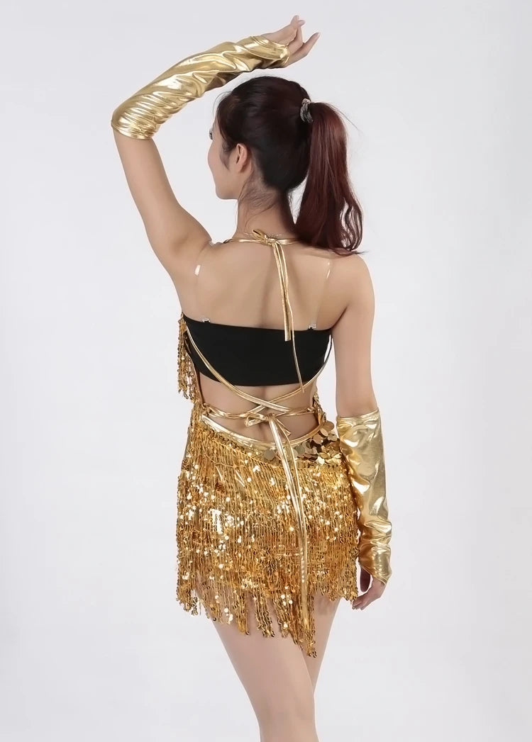 Shiny Sequin Fringe Tassel V-Neck Backless Lace-Up Formal Mini Dancer/Party/Salsa Dress w/ Gloves