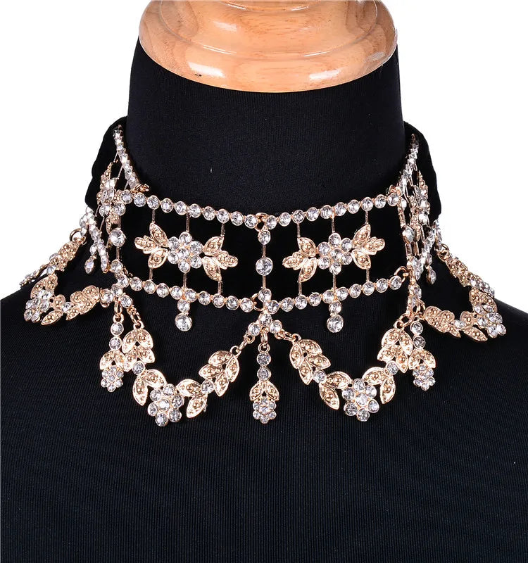 Rhinestone Crystal Black/Silver Flower Ribbon Collar Link Chain Choker Necklace