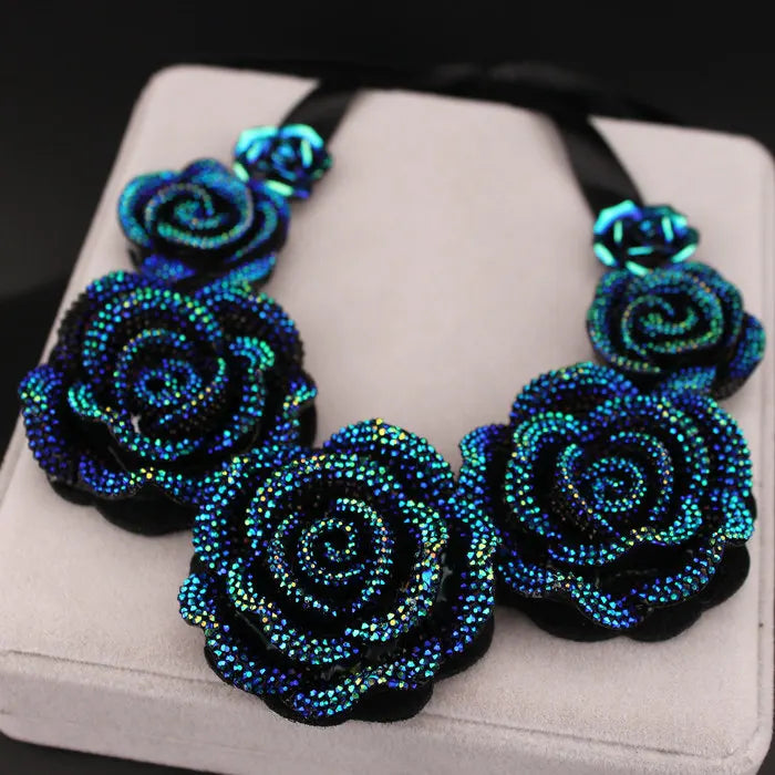 Big Blue Resin Rose Flower Statement Necklace w/ Earrings 2-Piece Jewelry Set