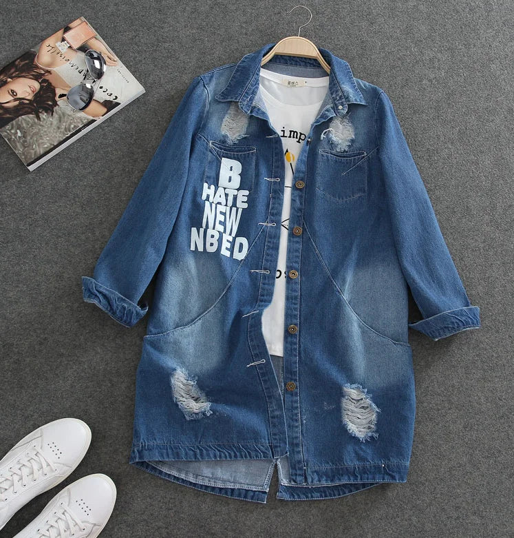 Grafitti Print Ripped Turn Down Collar Hole Denim Jacket Plus Size to 8X