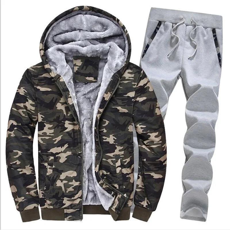 Hooded Velvet Camouflage or Solid Men's Drawstring Tracksuit