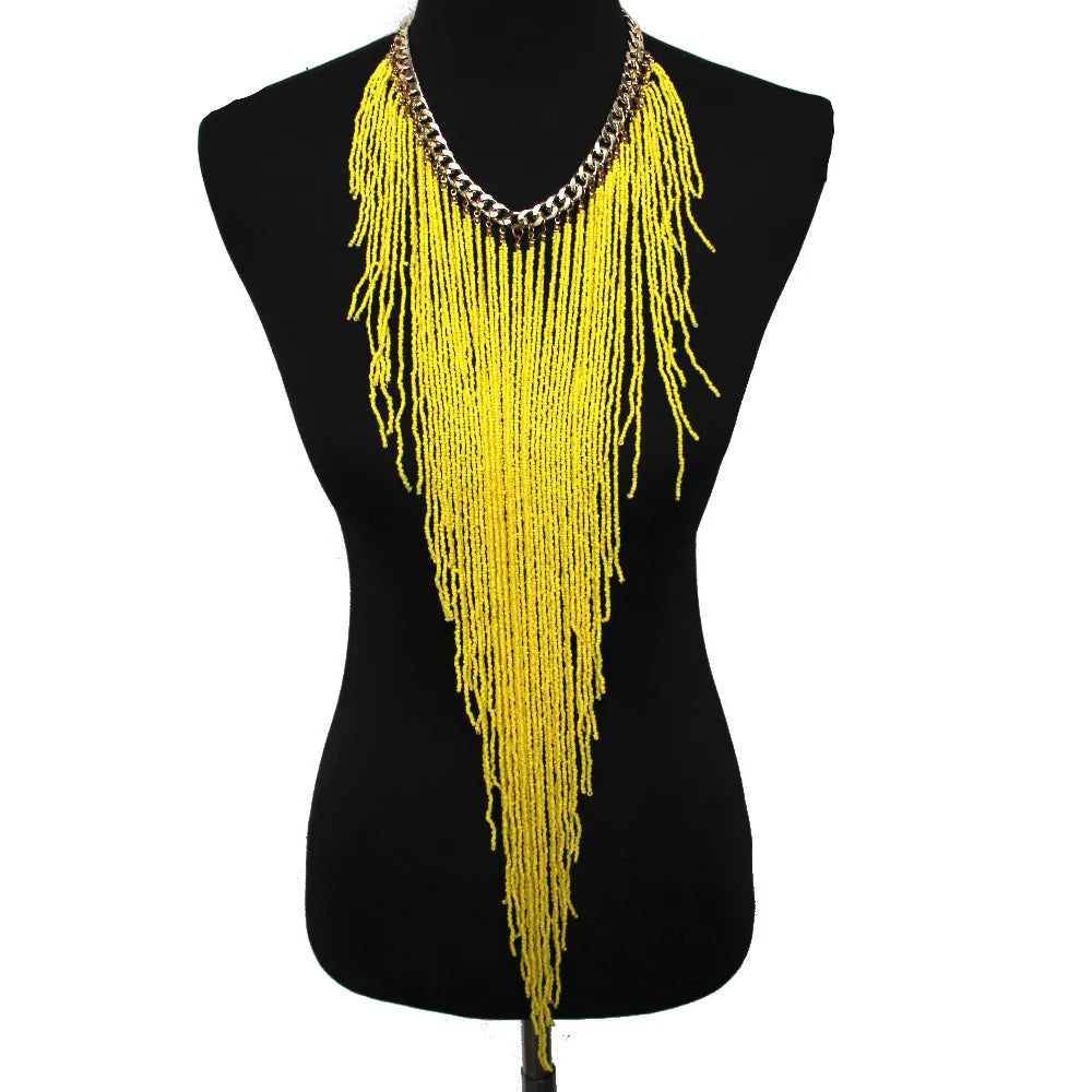 Handmade Resin Geometric Beaded Long Tassel Statement Choker Necklace