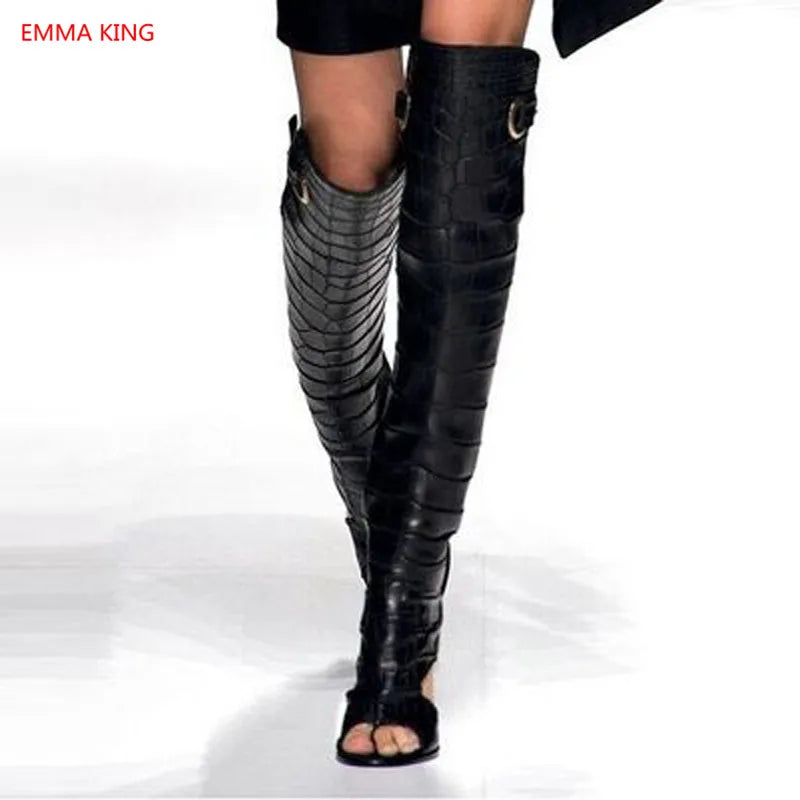 Crocodile Pattern Open Toe Lace-Up Back Cut-Out Gladiator  Over-The-Knee Sandal Boots