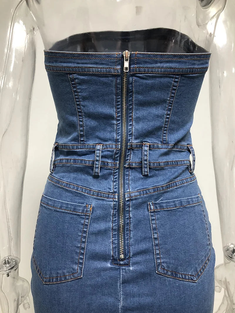 Denim Blue Slash Neck Strapless Bodycon Sleeveless Zipper Back Mini Tube Jean Dress