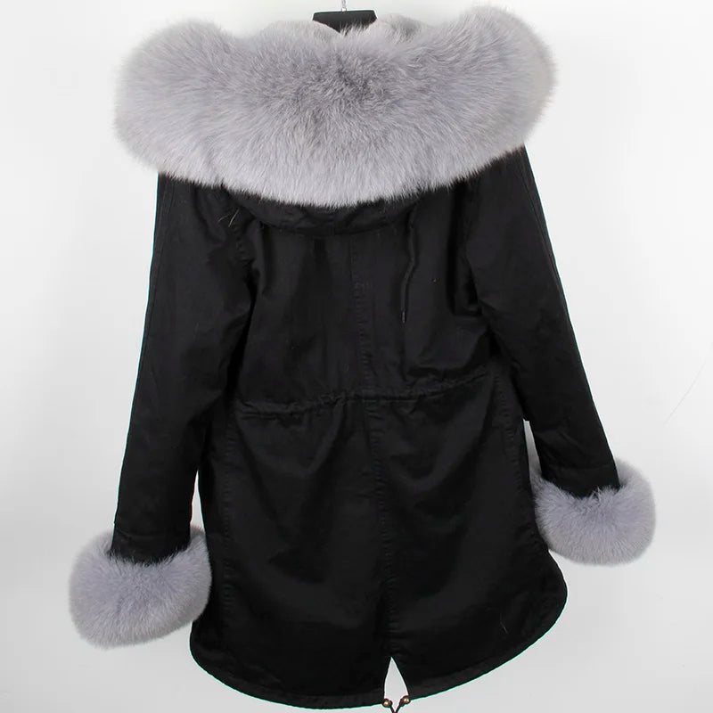 Colorblock Real Fur Oversized Collar Hip-Hop Design Women's Hooded Full Pelt Trenchcoat