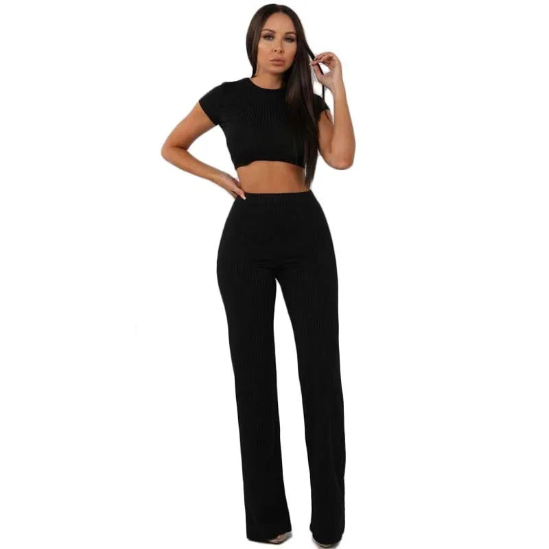 Knitted Short Sleeve O-Neck Crop Top + Wide Leg Pants 2-Piece Set