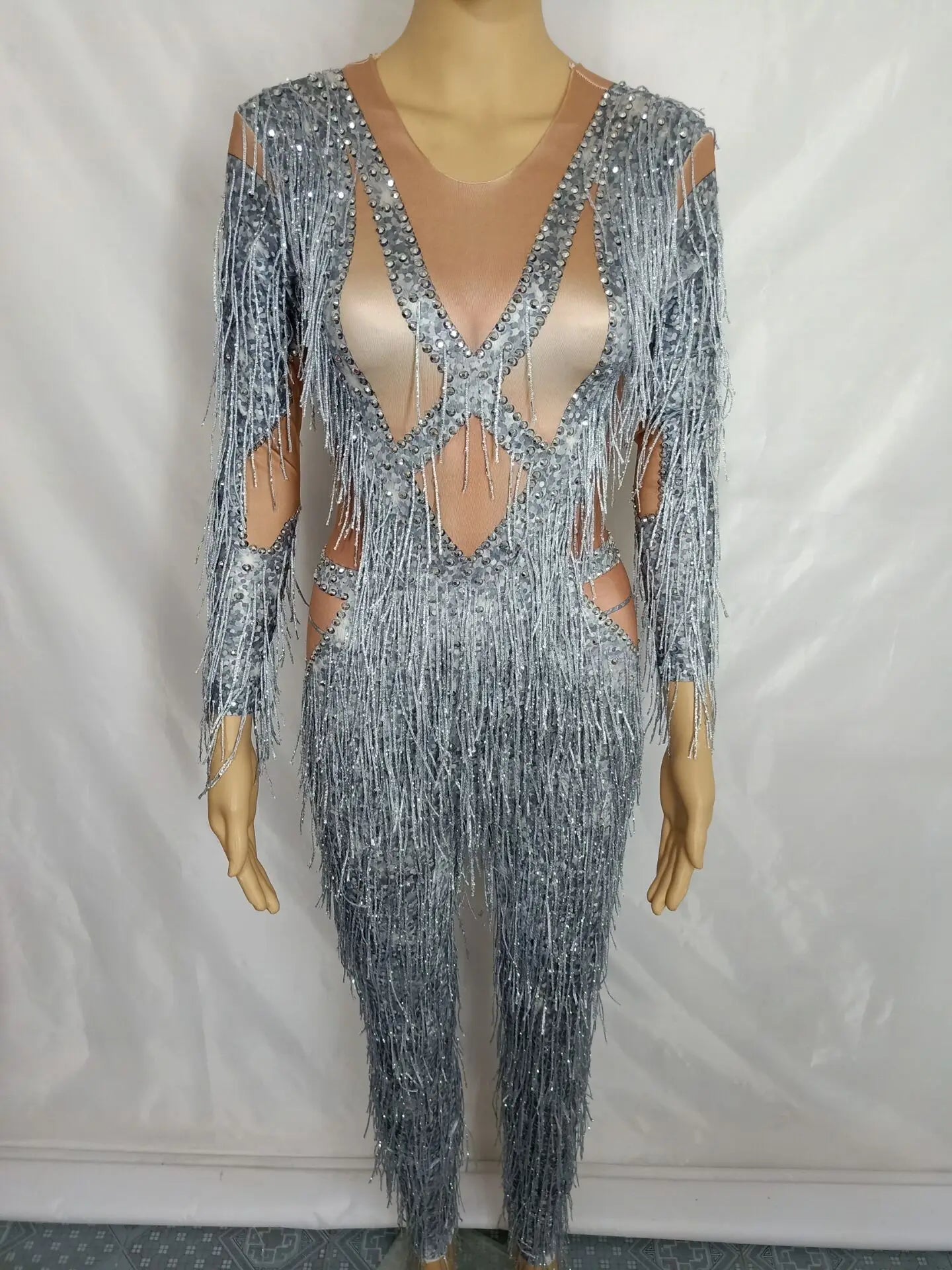 Silver Glitter Crystal Rhinestone Fringe Skinny Stage Wear Performance Costume Jumpsuit