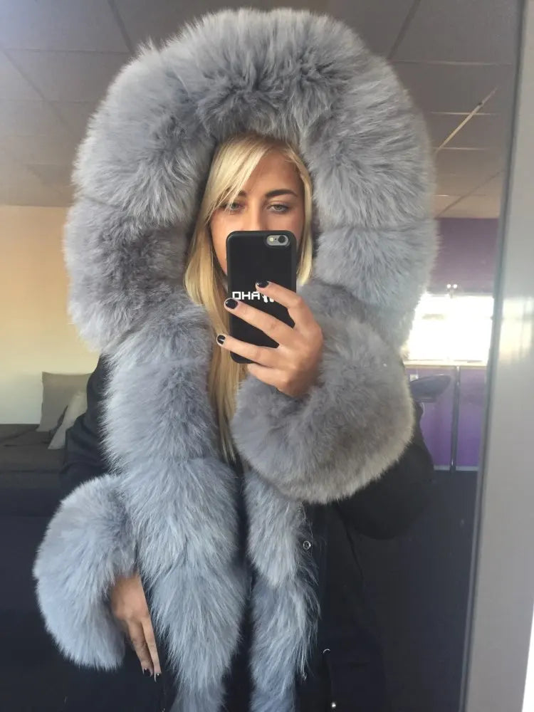 Colorblock Real Fur Oversized Collar Hip-Hop Design Women's Hooded Full Pelt Trenchcoat