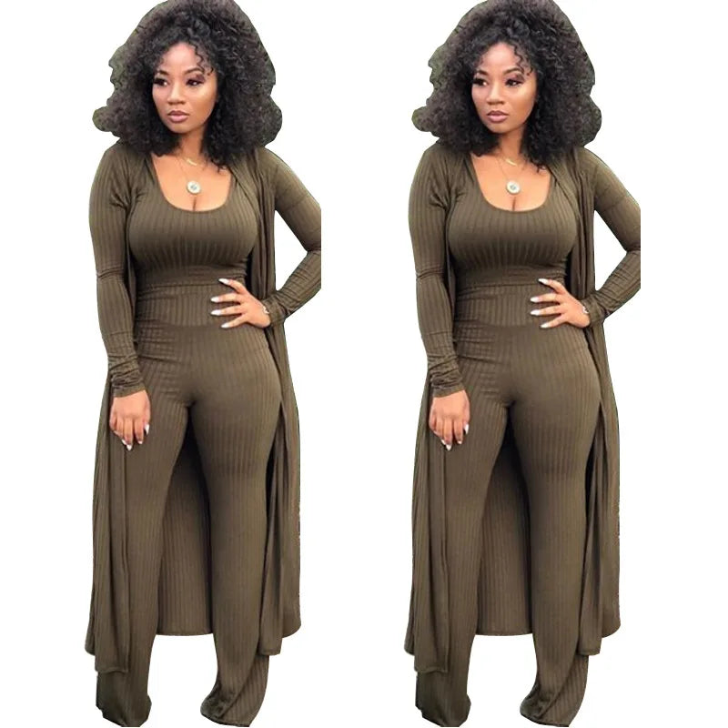 Women's Solid Knitted Long Sleeve Maxi Cardigan, Loose Wide Leg Pants + Crop Top 3-Piece Set